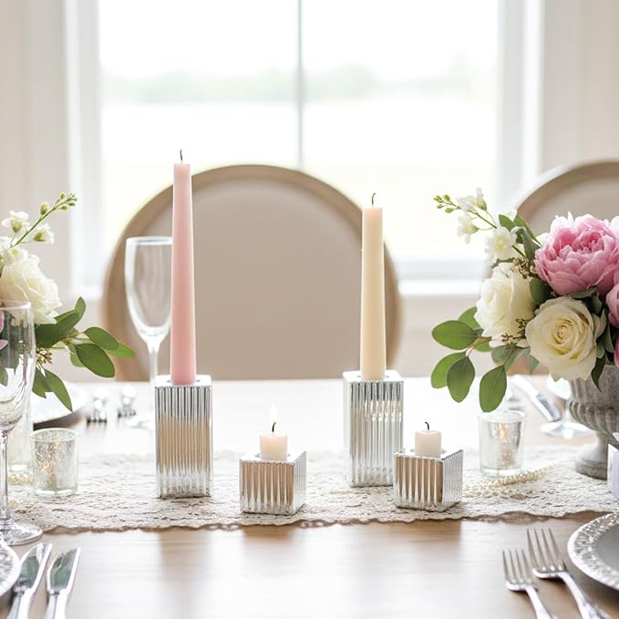 LETINE 12pcs Silver Vertical Stripe Glass Candlestick Holders - Image 5