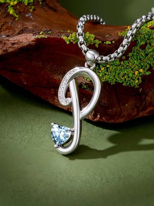 Valentines Day Gifts for Women Alphabet A to Z Initial Birthstone Pendant Necklaces for Women - 18k White Gold Plated Personalized Name Jewelry Valentine Mothers Day Birthday Gifts for Women Her Girlfriend