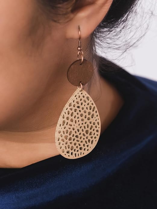 MINACHI Bohemian Hollow Cut-Out Wood Leather Dangle Drop Earrings, Boho Chic Hippie Statement Jewelry Gift for Women