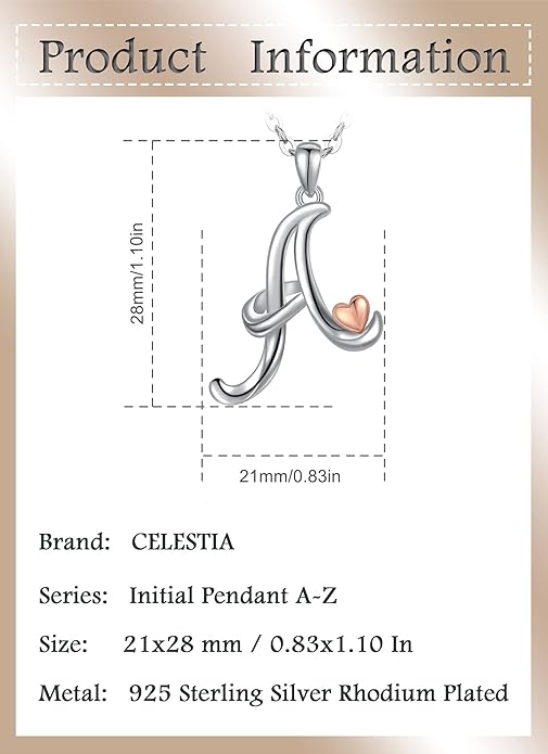 CELESTIA 925 Sterling Silver Initial Necklaces 26 Letter with Rose Gold Heart - 18 Inch Chain