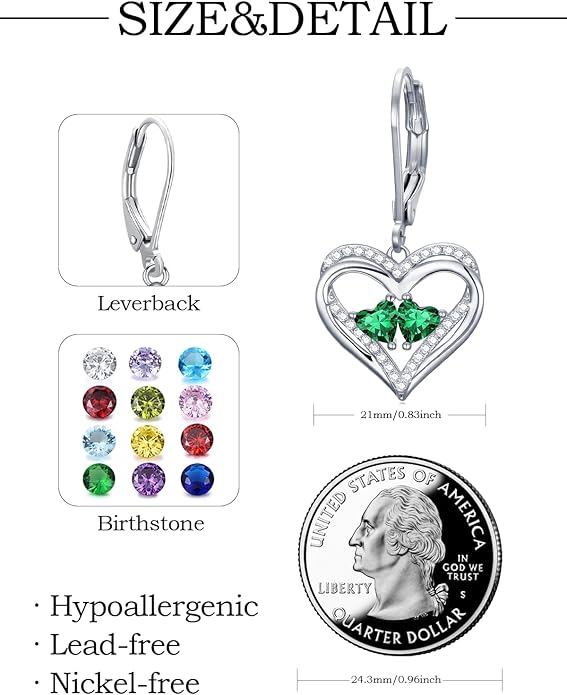 Valentines Day Gifts for Women, Heart Leverback Earrings Double Birthstone Dangle Earrings for Women, Love Jewelry for Her, Anniversary Birthday Gift for Mom Wife Girlfriend