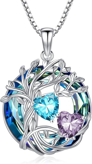 TOUPOP s925 Sterling Silver Family Celtic Tree of Life Pendant Necklaces with 2 Heart Birthstone with Blue Austrian Crystal Jewelry Birthday Valentines Day Gifts for Her, Anniversary Christmas Gifts for Wife Girlfriend Mom (18K Real White Gold Filled)