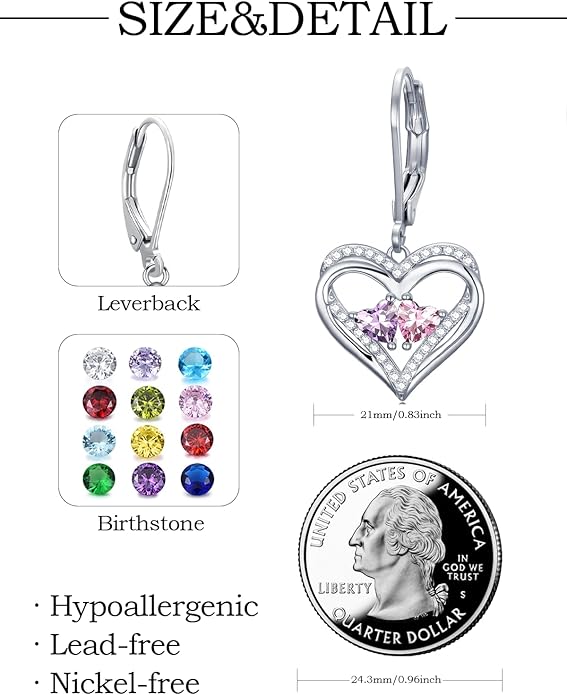 Valentines Day Gifts for Women, Heart Leverback Earrings Double Birthstone Dangle Earrings for Women, Love Jewelry for Her, Anniversary Birthday Gift for Mom Wife Girlfriend