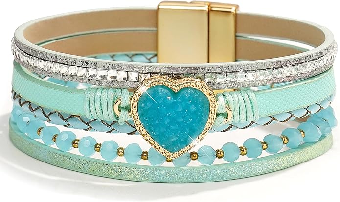 Suyi Multilayer Leather Wrap Bracelet Heart-Shape Wide Cuff Bracelets for Women