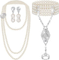 Maitys 3 Pcs 1920s Pearl Jewelry Set Includes Vintage Flapper Earrings Multilayer Imitation Pearl Necklace Bracelet for Women