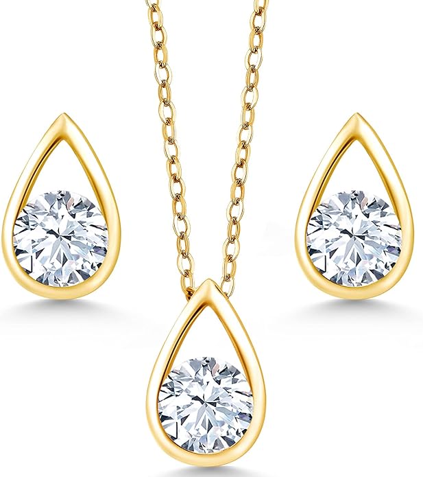 Gem Stone King 18K Yellow Gold Plated Silver 5MM Round Gemstone Birthstone Teardrop Pendant Earrings Set | Jewelry Set for Women | With 18 Inch Chain