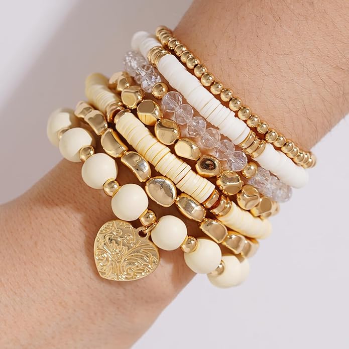GOOJIDS Surfer Heishi Clay Bead Bracelets for Women Bohemian Stackable Gold Plated Beaded Stretch Bracelets Elastic Layering Friendship Bracelets Set Boho Jewelry