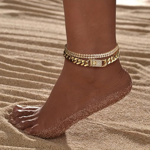 14K Gold Anklets for Women Waterproof Rhinestone Ankle Bracelet Layered Cuban Link Chain Diamond Anklet Beach Jewelry for Women