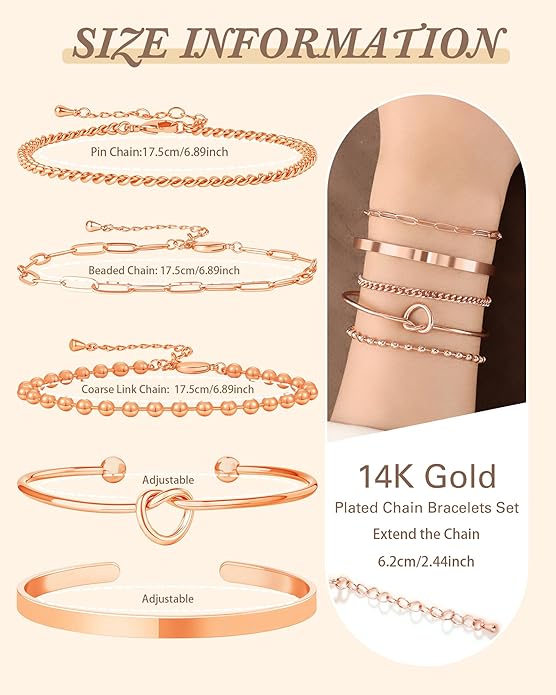 Gold Bracelets for Women, 14K Gold Plated Chain Bracelets Set for Women, Elegant Adjustable Bracelet Stack Jewelry Gifts for Womens