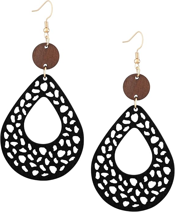 MINACHI Bohemian Hollow Cut-Out Wood Leather Dangle Drop Earrings, Boho Chic Hippie Statement Jewelry Gift for Women