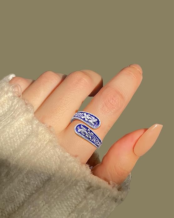 Vintage 14K Gold Plated and Silver Spoon Ring – Adjustable Ring with Carving Design for Women, Unique Boho Open Ring for Gift