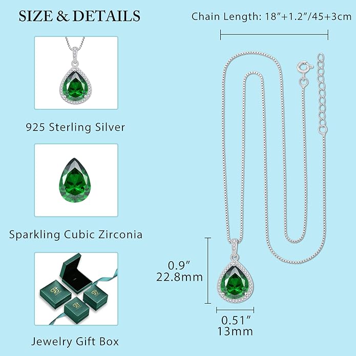 FJ Teardrop Pendant Necklace 925 Sterling Silver Birthstone Jewelry Gifts for Women