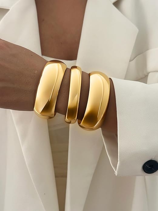3Pcs Chunky Gold Bangles Bracelets for Women, Spring Hinged Big Stackable Bangles Set, Trendy Cuff Bracelet Stack Fashion Jewelry Gifts