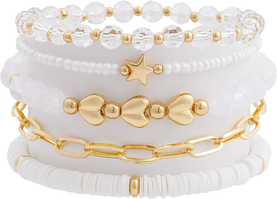 Heishi Beaded Stretch Bracelets for Women Stackable Polymer Clay Beads Bracelets Friendship Boho Summer Beach Bracelet Jewelry Set