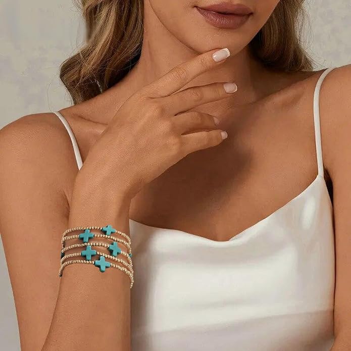 Gold Plated Beaded Bracelets for Women Trendy, 14K Gold Plated Stack Cross Pearl Gold Plated Bead Stretch Bracelets Set Elastic Hypoallergenic Bracelets Jewelry Gifts