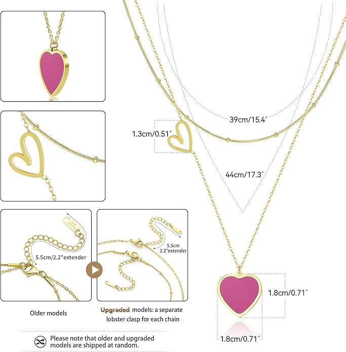 Linawe Layered Choker Heart Pendant Necklace for Women Trendy, Gold/Silver/Rose Gold Chain Stainless Steel Stacked Necklaces, Double Heart Necklace Y2K Preppy Jewelry