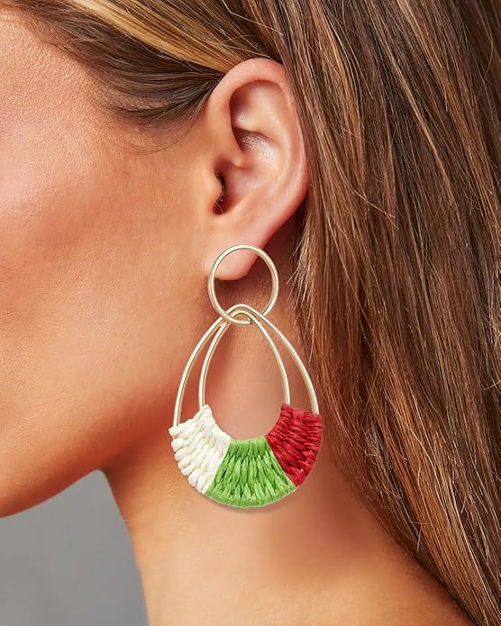 Raffia Hoop Earrings for Women Fun Boho Summer Beach Earrings Lightweight Handmade Straw Wicker Rattan Dangle Earrings Statement Geometric Round Drop Earrings