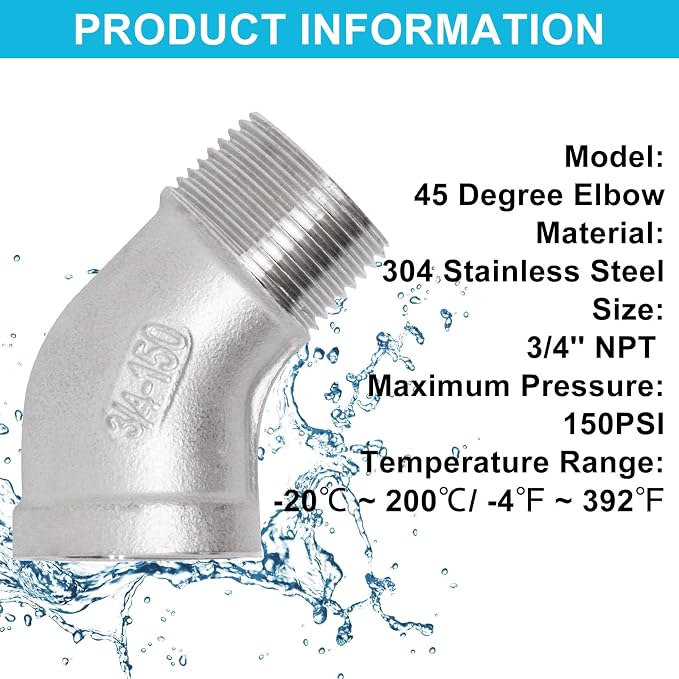 2PCS 45 Degree Elbow Fittings, 3/4" NPT Male Pipe to 3/4" NPT Female 304 - Image 3