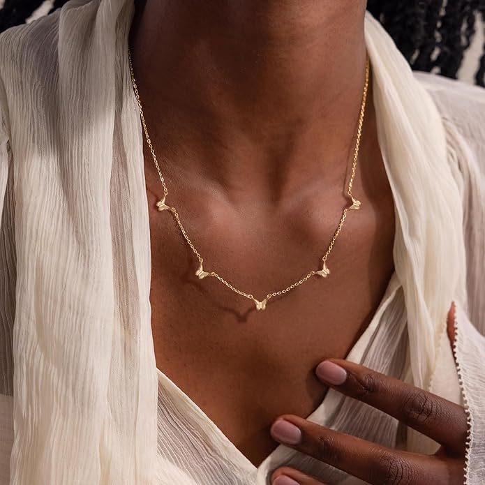 VRIUA Necklaces for Women - 14K Gold/Silver Plated Dainty Chain Necklace with Five Charms: Diamond, Bow, Snowflake, Cross, Flower, Clover, Butterfly, Heart, Star of David, and Star Trendy Jewelry