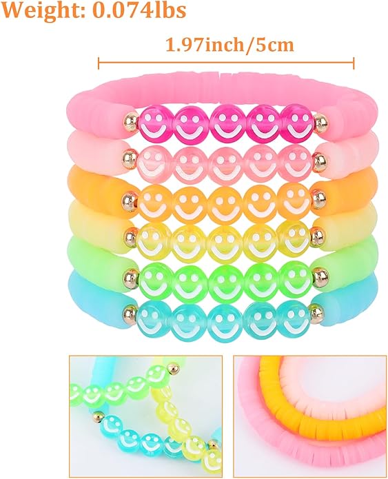 Bohemian Colorful Beaded Bracelets for Women Boho Stackable Natural Stone Letter Clay Glass Beads Stretch Bracelet Set with Charm, Cute Rainbow Friendship Bracelets for Summer Vacation