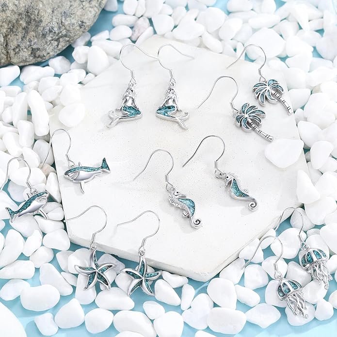 Ocean Earrings 925 Sterling Silver Turquoise Sea Animal Dangle Drop Earrings Beach Themed Jewelry Gifts for Women Girls