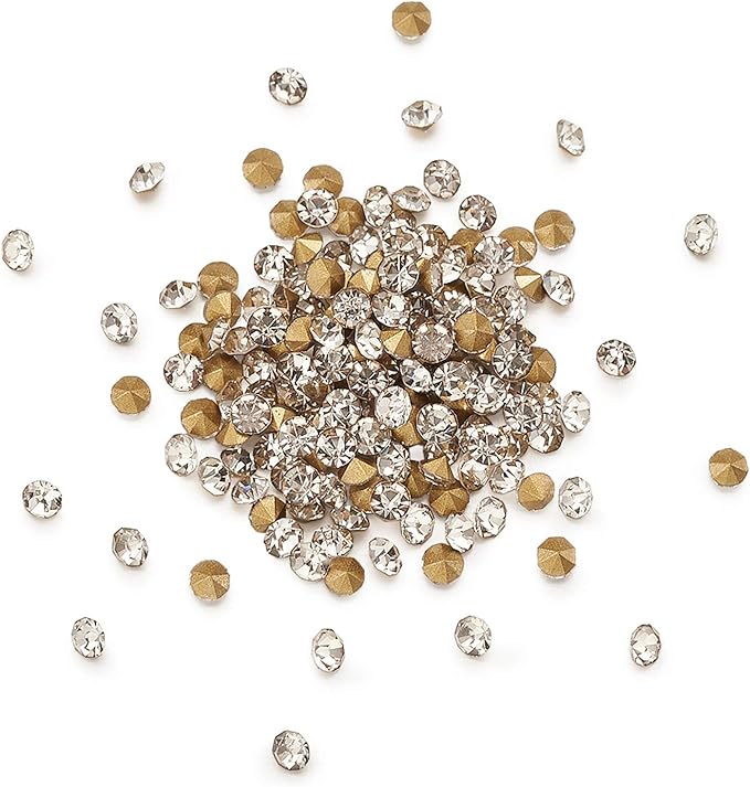 Fashewelry 2mm Pointed Back Clear Glass Rhinestone 1440Pcs Faceted Diamond Loose Stone with Golden Back Mini Crystal Diamante Gems for Nail Art Craft Replacing Jewelry