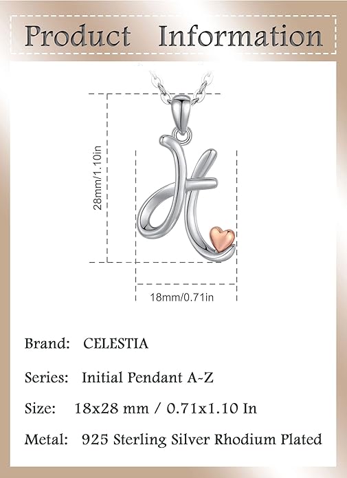 CELESTIA 925 Sterling Silver Initial Necklaces 26 Letter with Rose Gold Heart - 18 Inch Chain