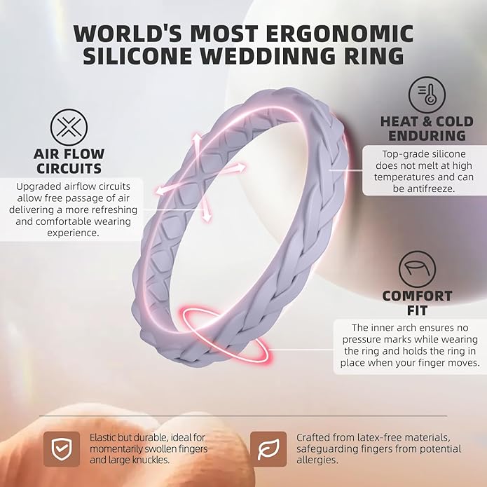 Egnaro Women's Wedding Bands, Silicone Thin and Stackable Rubber Engagement Ring, Variety Multipack With Breathable Grooves Workout Accessories