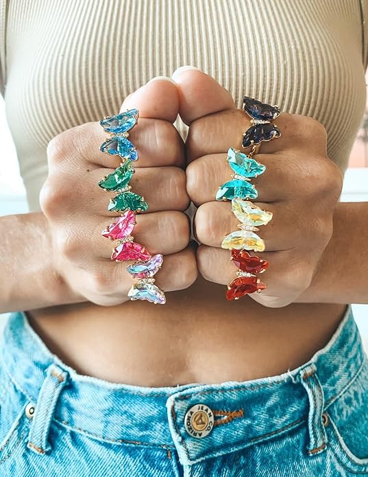 MISS RIGHT Butterfly Crystal Jewelry Set with Butterfly Necklace Stud Earrings Bolo Bracelet Adjustable Ring for Women Trendy, Iridescent Y2K Dainty Butterfly Jewelry Gifts