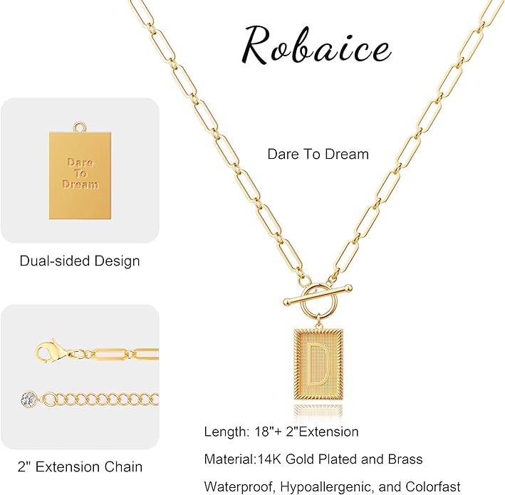 14K Gold Plated Initial Letter Necklace for Women, Personalized Alphabet Pendant with Inspirational Engraving, Paperclip Chain Non-Tarnish Jewelry Gift for Her