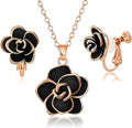 Dainty Rose Flower Pendant Necklace Clip On Earrings Set for Women 14K Gold Plated Hypoallergenic Jewelry Sets