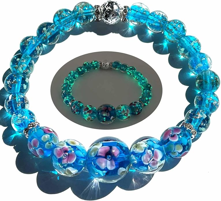 ARTSY Crafts Lily Garden Glow in the Dark Firefly Bead Bracelets Necklaces, Handmade in USA Murano Glass Jewelry, Flower Luminous Beads Mermaid Crystal Bracelet Bangle