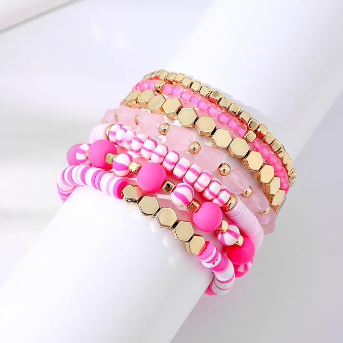GOOJIDS Surfer Heishi Clay Bead Bracelets for Women Bohemian Stackable Gold Plated Beaded Stretch Bracelets Elastic Layering Friendship Bracelets Set Boho Jewelry