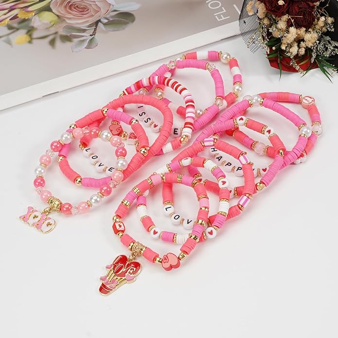 Beaded Bracelet for Women Pink Love Heart Stretch Bracelets Accessories