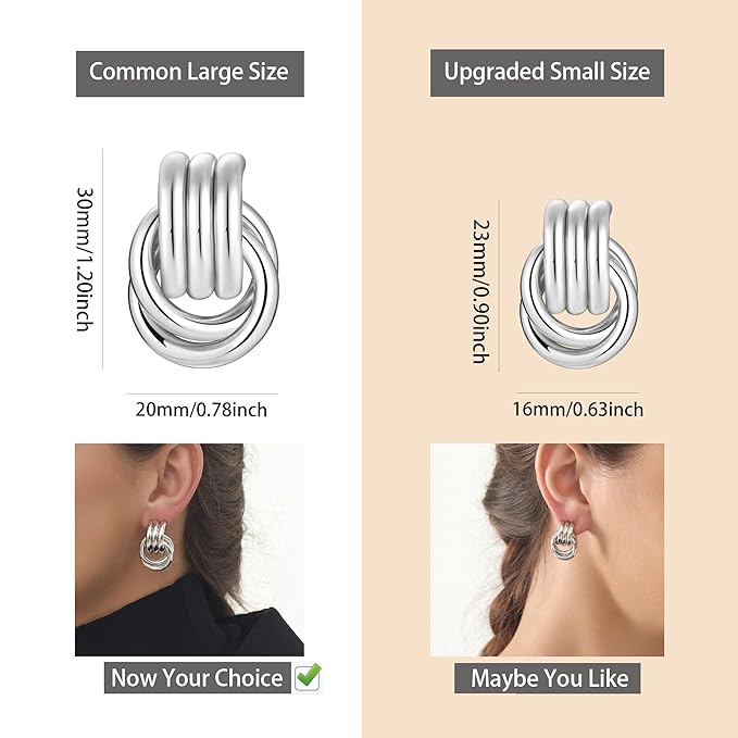 Silver Knot Earrings, Circle Link Geometric Drop Dangle Earrings Studs, Women's Jewelry_L Size