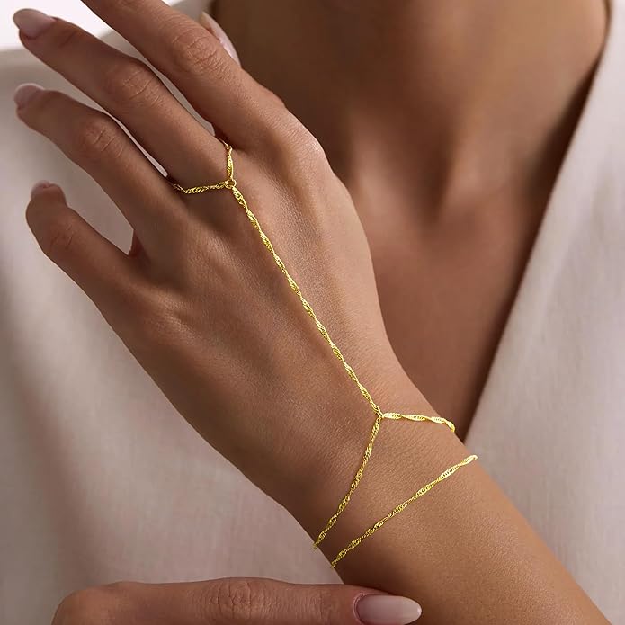 Yoosteel Hand Chain Bracelet for Women - Valentines Gifts Dainty 14K-Gold-Plated Finger Ring Hand Chains Layered Trendy Link Bracelets Jewelry Gift for Women