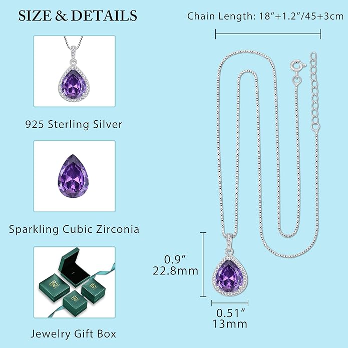 FJ Teardrop Pendant Necklace 925 Sterling Silver Birthstone Jewelry Gifts for Women