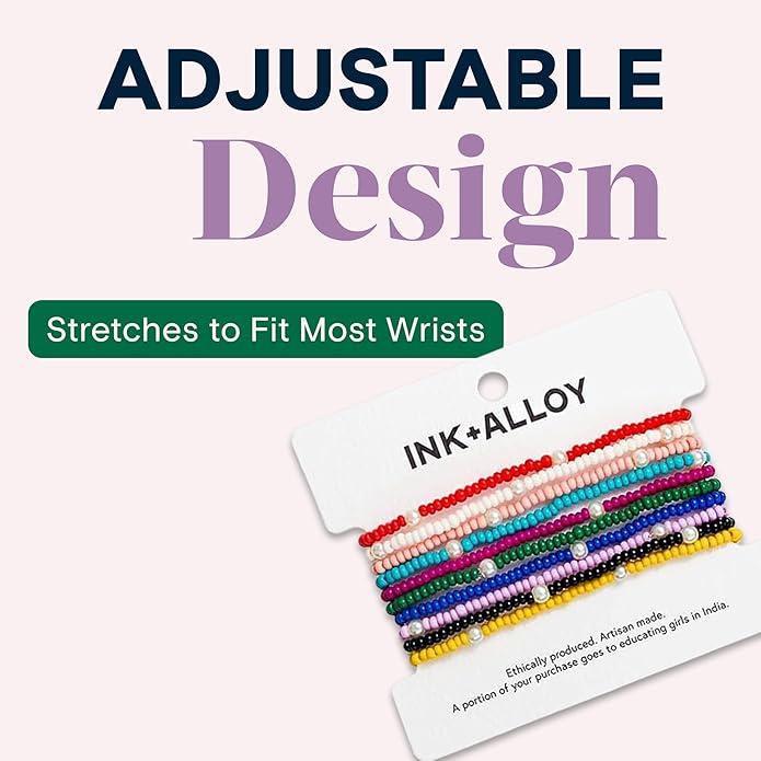 INK + ALLOY 10-Strand Stacking Beaded Bracelets for Women – Mixed Patterns Bracelet Stack - Adjustable Stretch Fit - Handmade Boho Bracelets for Women - Perfect for Any Occasion