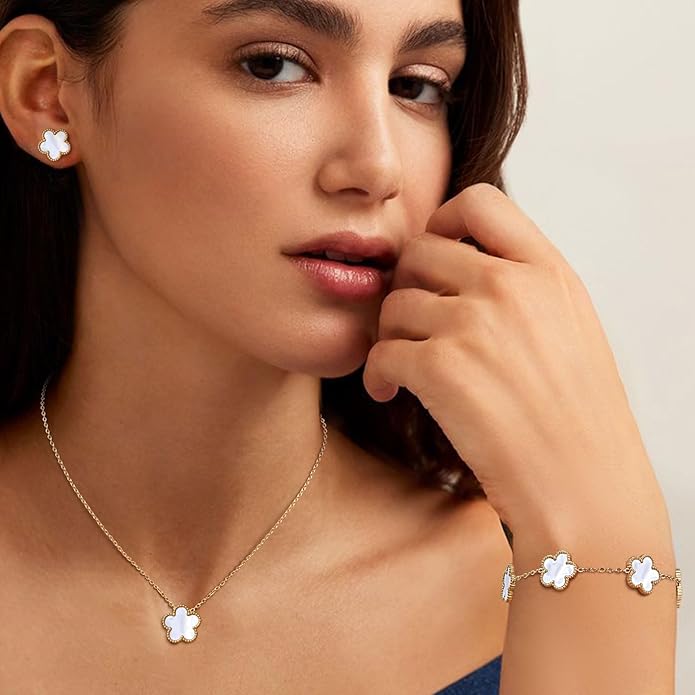 Gold Necklaces Bracelets Earring Set - 18K Gold Plated Flower Bracelet Chain,Stainless Steel Non Tarnish Floral Pendant Stud Jewelry Sets,Christmas Birthday Lucky Gift for Mom Wife Daughter Girlfriend