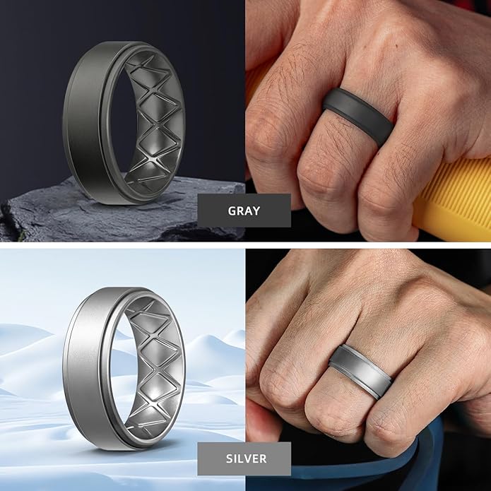 Egnaro Silicone Rings for Men 1/4/5/6/7 Multipack of Breathable Mens Silicone Rubber Wedding Rings Bands - Step Edge