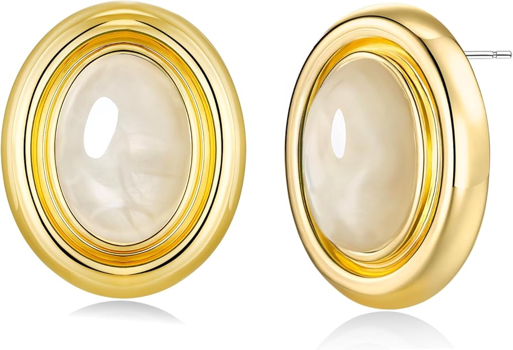 18K gold plated Medium Oval Button Chunky Statement Earrings for Women by SNGIA, (Turquoise, Carnelian, Aventurine, Amethyst, Malachite, Cat Eye, White, Cream) Bold Handmade Colored (Red, Blue, Green, White, Cream, Purple) Exaggerated Dome Retro Rounde...