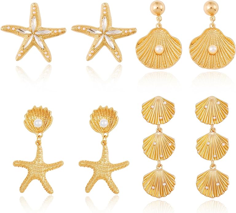 Coiris 4 Pairs Shell Starfish Earrings Set for Women Seashell Gold Dangle Earrings Chunky Drop Beach Summer Jewelry