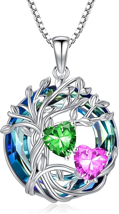 TOUPOP s925 Sterling Silver Family Celtic Tree of Life Pendant Necklaces with 2 Heart Birthstone with Blue Austrian Crystal Jewelry Birthday Valentines Day Gifts for Her, Anniversary Christmas Gifts for Wife Girlfriend Mom (18K Real White Gold Filled)