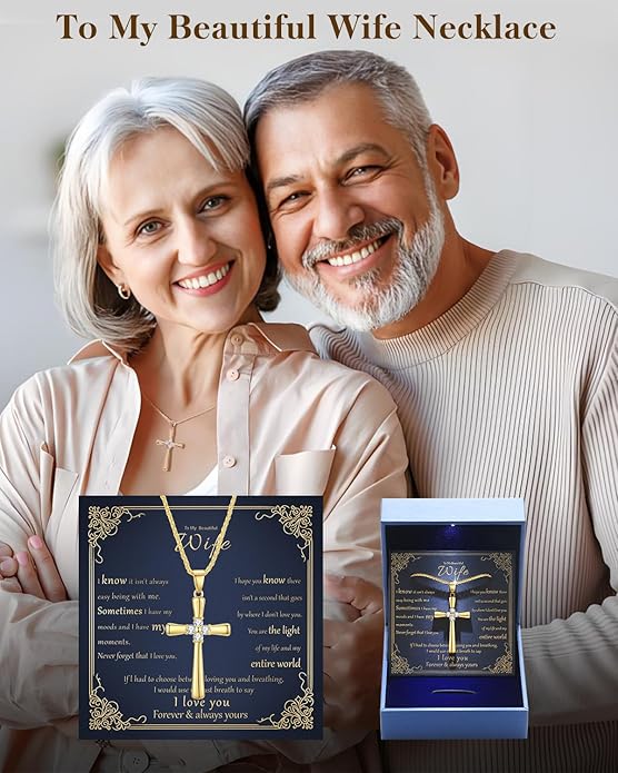 Gold Moissanite Cross Necklace for Women Wife in Light-Up Gift Box,Love Card - Women Anniversary Birthday Gifts Ideas for Wife Her Girlfriend, Christian Cross Chain Jewelry 1CT (18K Real Gold Filled)
