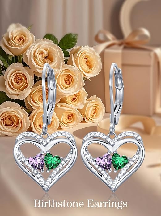 Valentines Day Gifts for Women, Heart Leverback Earrings Double Birthstone Dangle Earrings for Women, Love Jewelry for Her, Anniversary Birthday Gift for Mom Wife Girlfriend