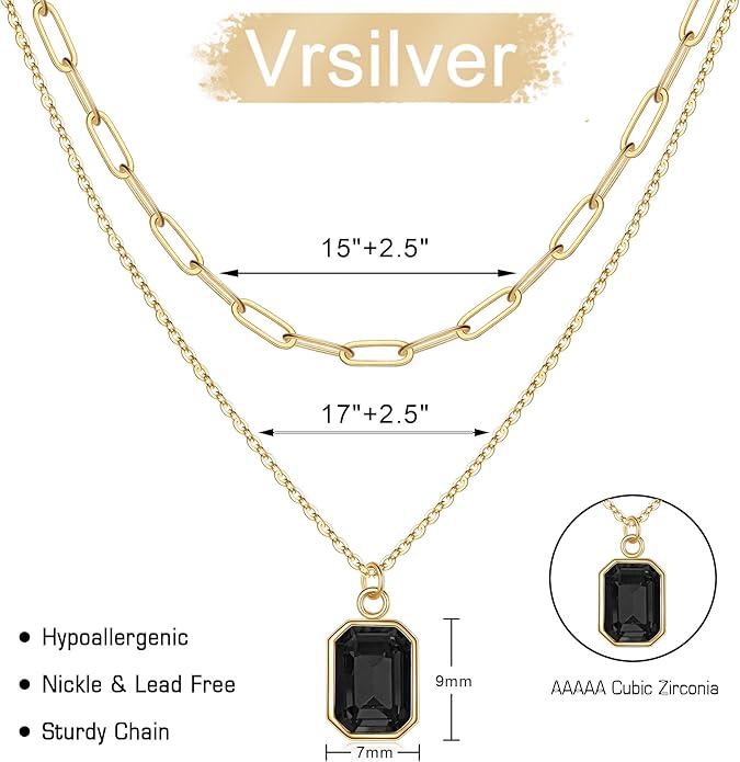 Layered Birthstone Necklace for Women Girls, 14K Gold-Plated Paperclip Chain Choker Necklace with Rectangle Birthstone Pendant Birthday Gifts for Women Girls Dainty Small