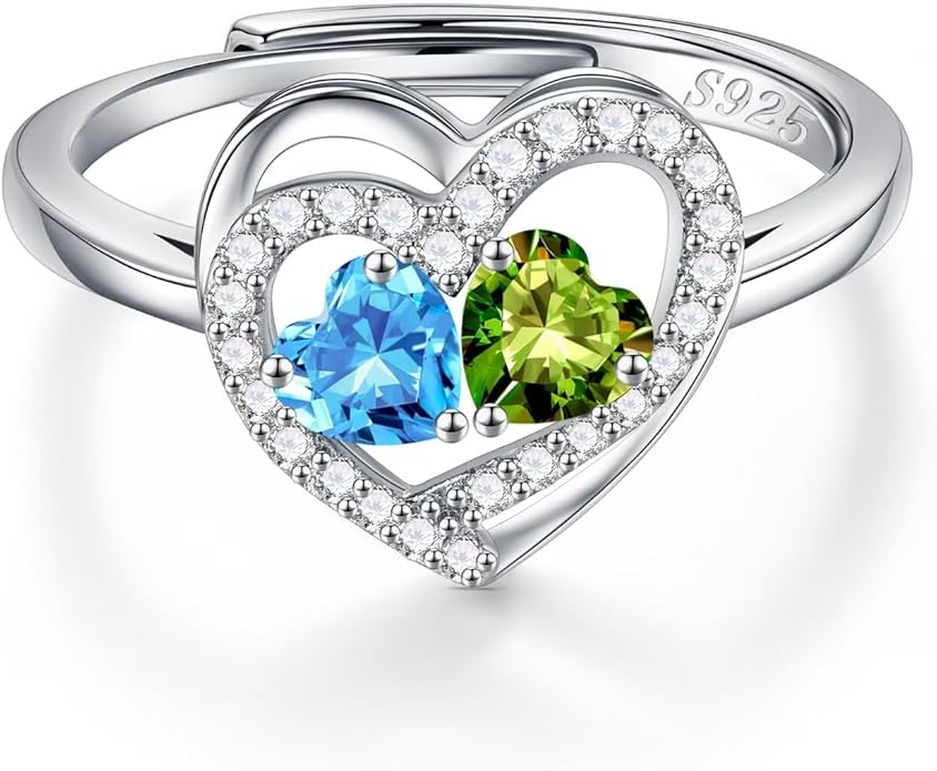 Iefil Adjustable Ring for Women - 925 Sterling Silver Double Birthstone Rings, Anniversary Birthday Gifts for Women Wife Her