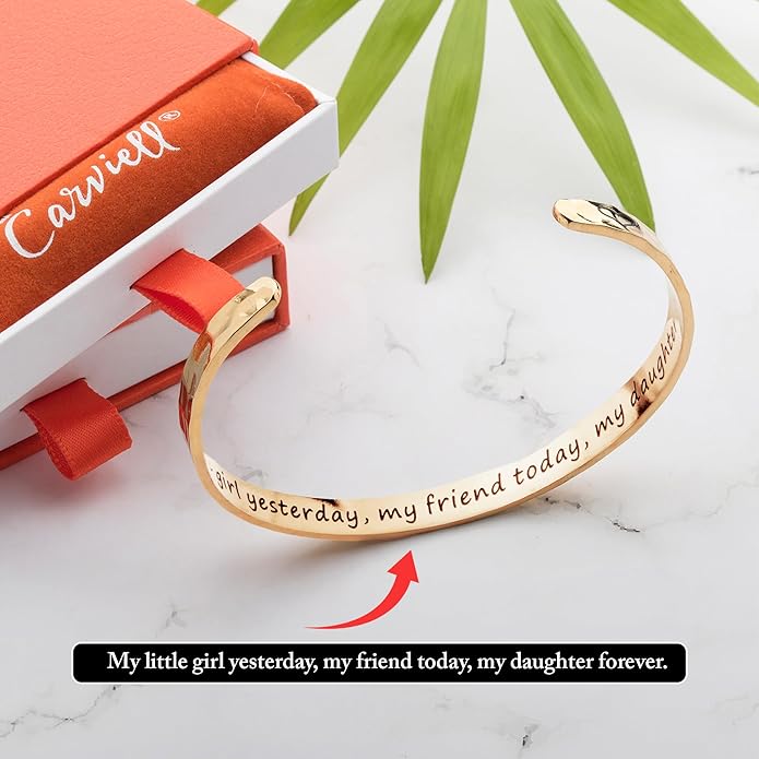 Carviell Engraved Cuff Bracelets for Women – Inspirational, Friendship, Love, Mom, Daughter, Sister, Christian, Graduation, Memorial & Wedding Gifts – 80+ Phrases – Stainless Steel, Gift-Ready