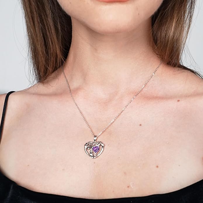 Tree of Life Necklaces for Women 925 Sterling Silver Heart Pendant Birthstone Necklace Created Gemstone Jewelry for Her, 18"+2"