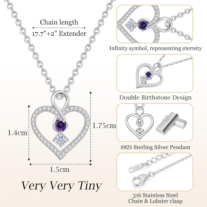 LOUISA SECRET Infinity Double Birthstone Necklace, 925 Sterling Silver Tiny Pendant Heart Necklace for Women Wife Her, Best Jewelry Gift Heart Jewelry Meaningful Gift for Valentine's Day, Christmas, Birthday Anniversary